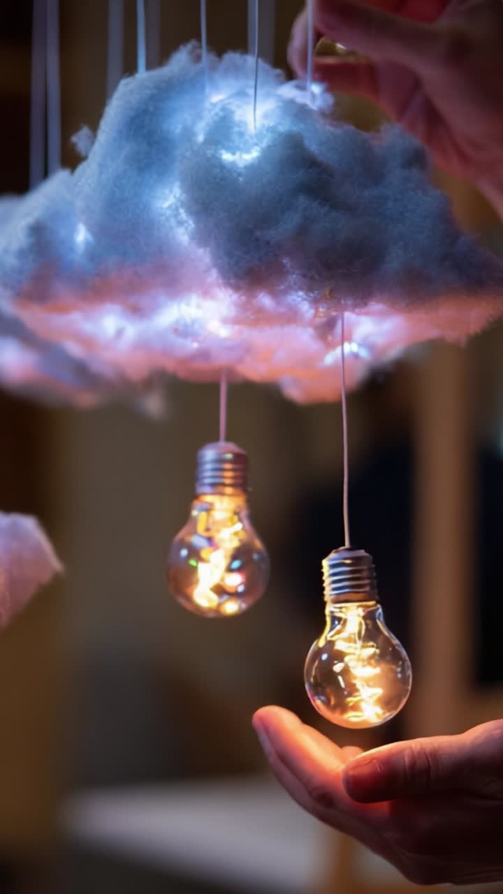 Creative Artistic Display Featuring Glowing Light Bulbs Suspended from a Fluffy Cloud, Merging Whimsical Elements with a Soft, Dreamy Atmosphere