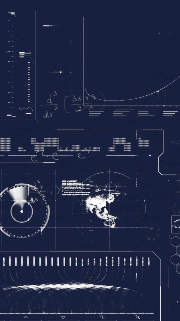 Animazione di equazioni matematiche su un'interfaccia con elaborazione dati su sfondo blu.