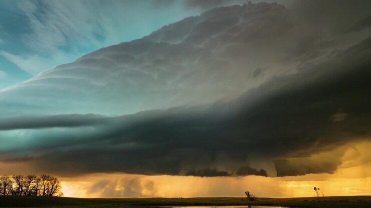 Dramatiske supercelle-stormskyer dannes over landligt landskab ved solnedgang