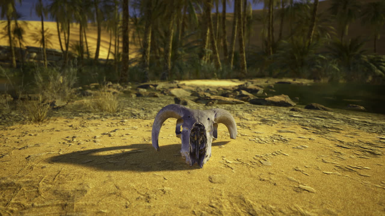 Natural elements converge with a bleached animal skull in a desert landscape