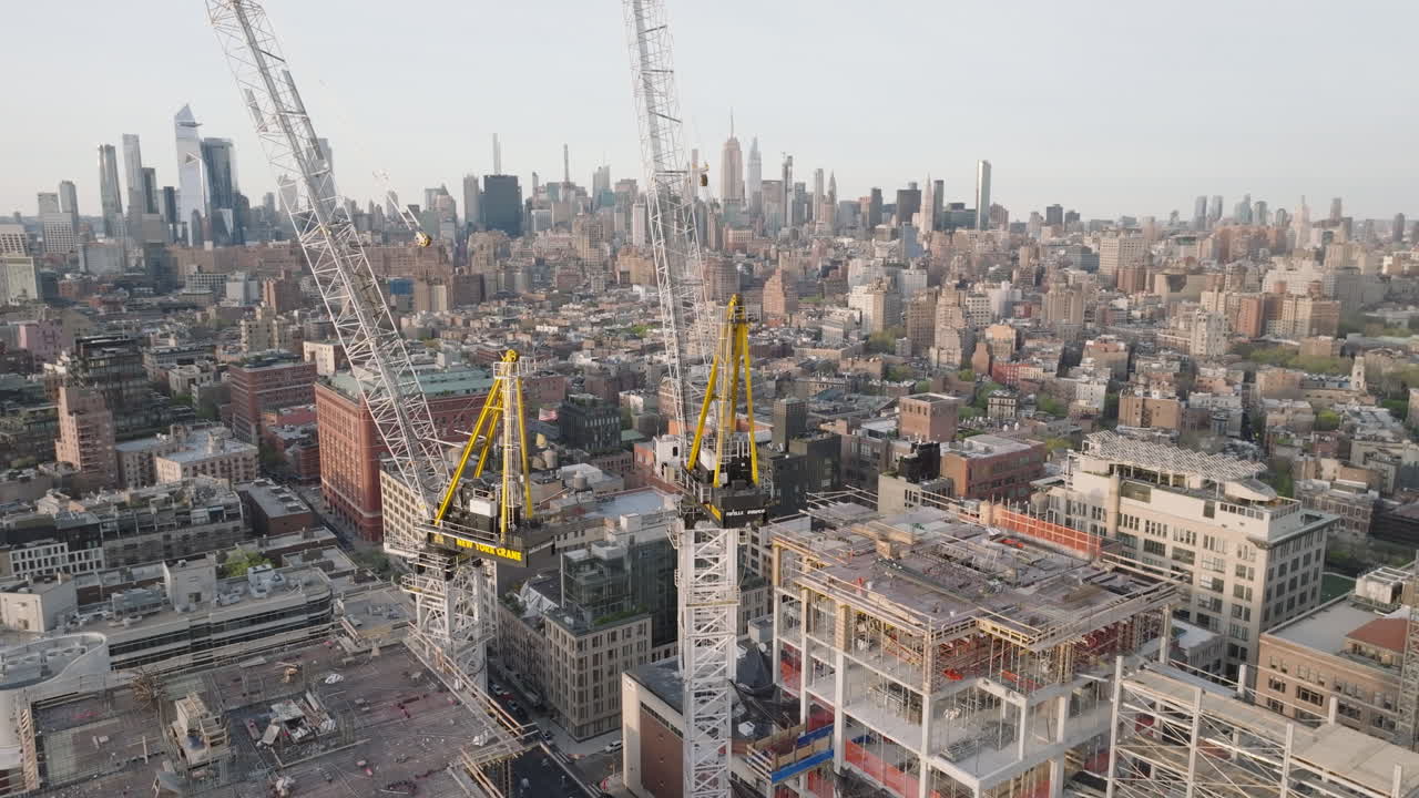 Aerial view of a construction crane above New York City