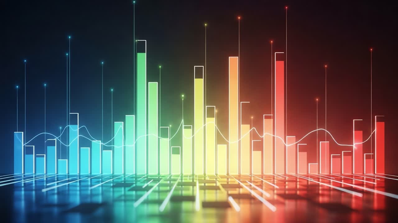 Dynamic Visualization of Colorful Data Trends with Gradient Bars and Pulsating Lines on a Futuristic Digital Background in a Video Sequence