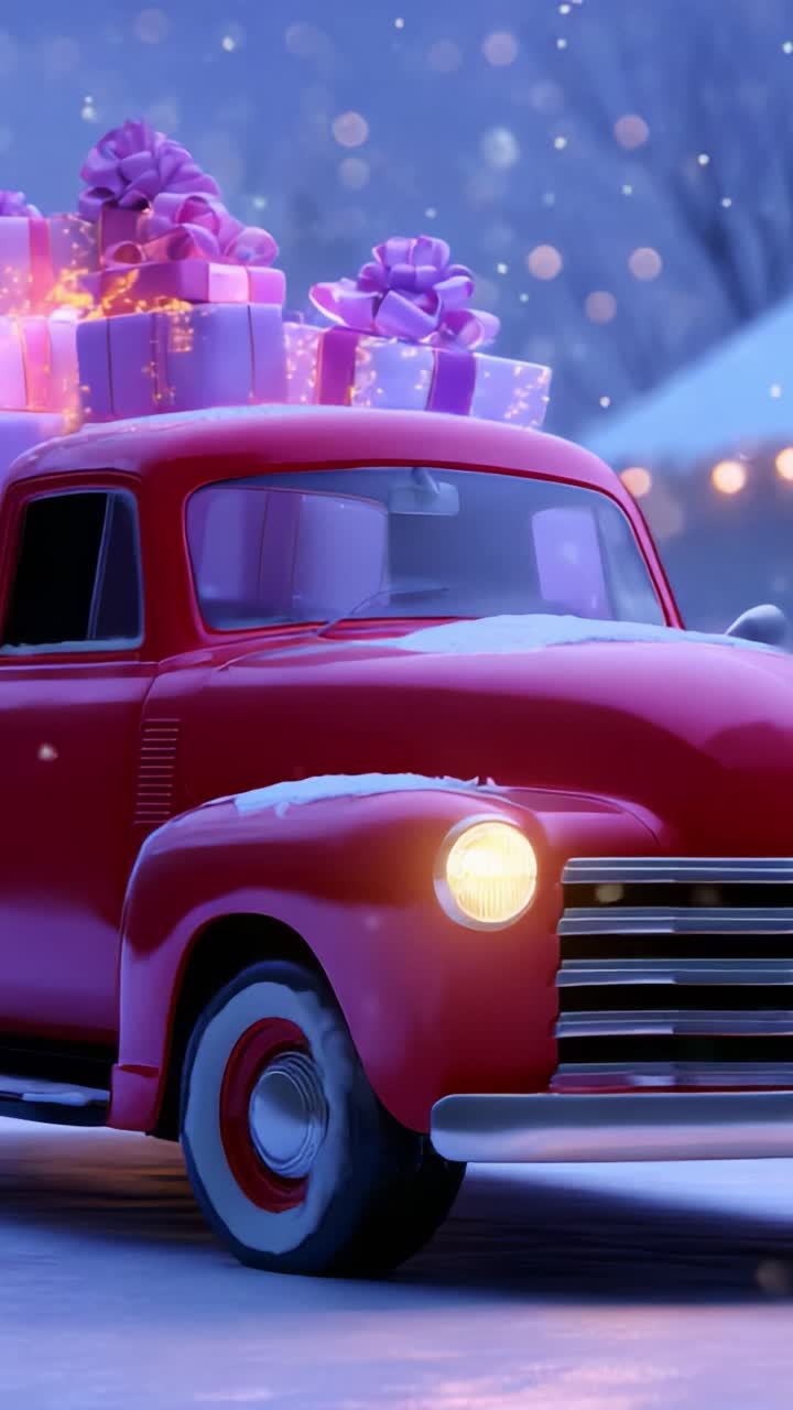 A festive scene featuring a vintage red truck adorned with beautifully packaged pink gifts on its roof, capturing the essence of the holiday spirit under twinkling winter lights against a serene backdrop