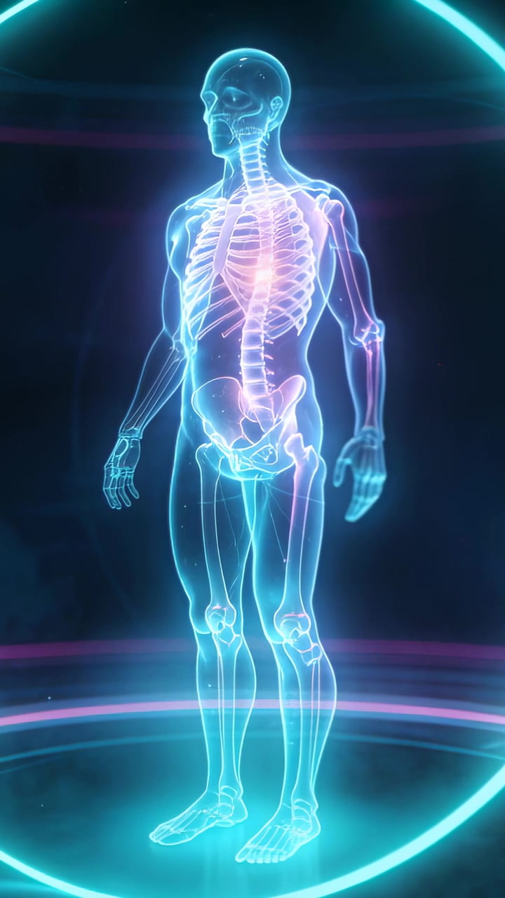 Vertical video: Activating ring, neon skeleton turning in scan bay for study, magenta chest glowing