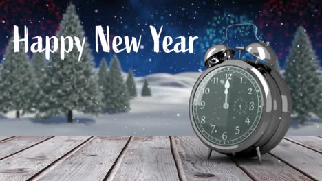 animation of happy new year text and alarm clock showing midnight in winter scenery