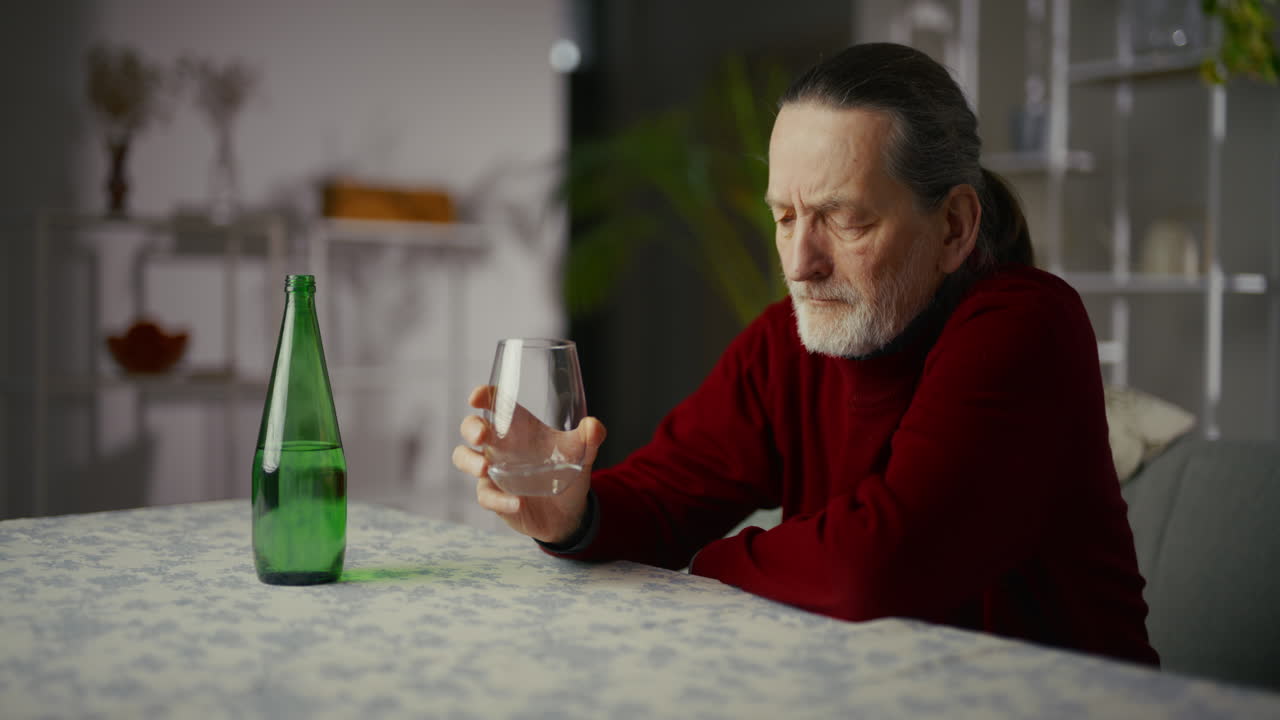 Elderly Man Pours and Drinks Water from a Bottle at Home