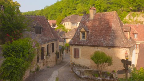 Medieval Houses Along The Narrow Street In Beynac, France. - wide shot