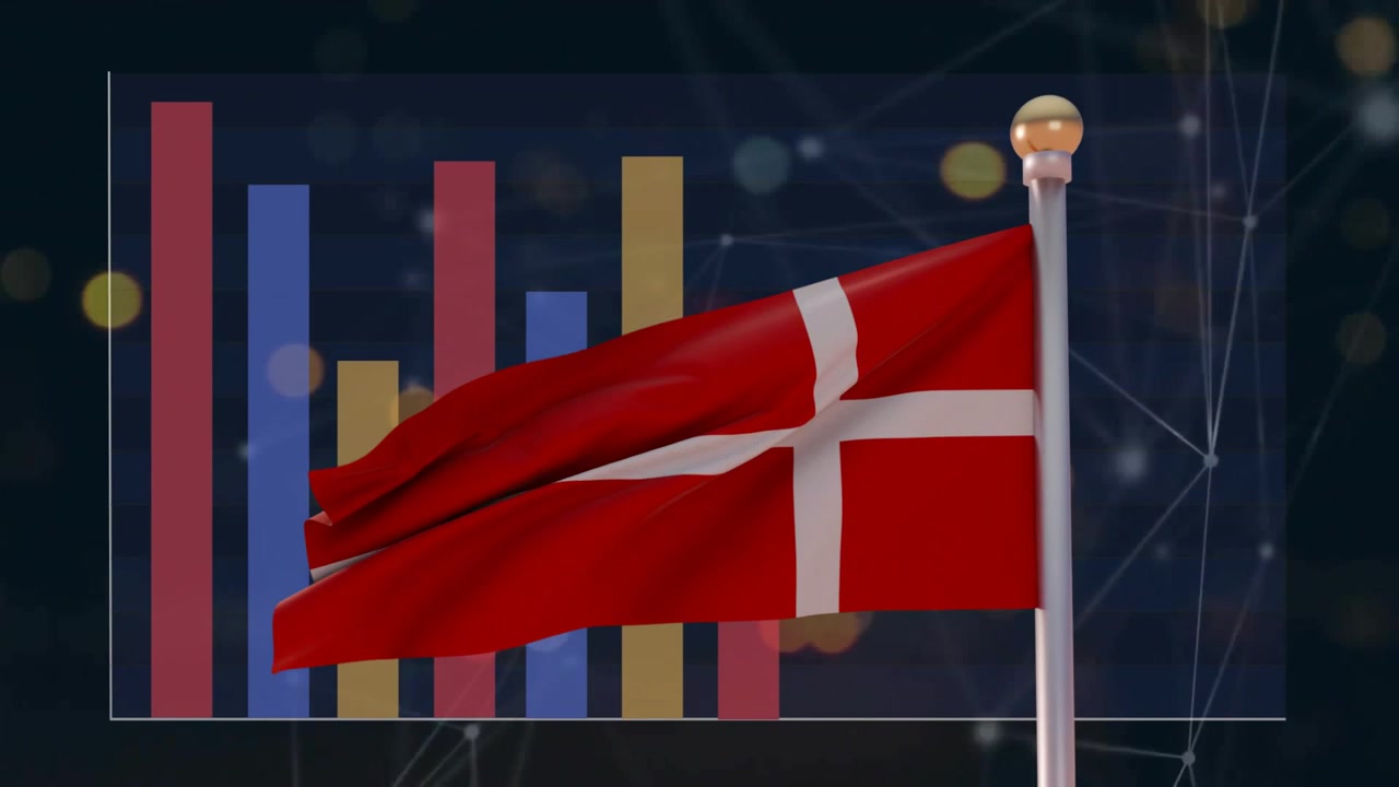 Simulerad vind som får en dansk flagga att vaja medan färgade staplar stiger från vänster och avslöjar diagramdata.