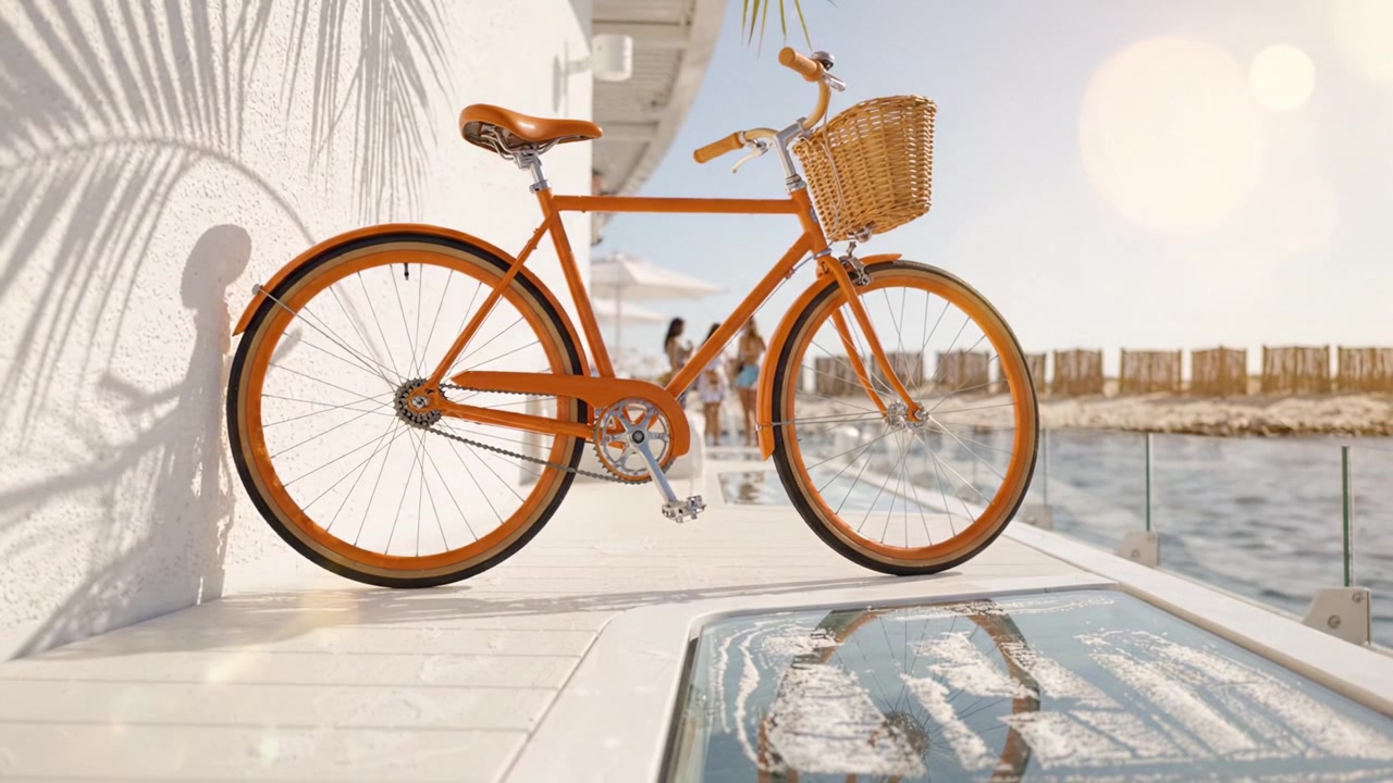 Bicicletta arancione brillante con un cestino su uno sfondo panoramico lungomare in una giornata di sole, che evoca svago all'aperto e atmosfere costiere
