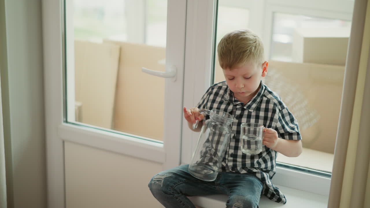 Fair skinned boy wearing plaid shirt sitting on windowsill carefully pouring water from glass jar in right hand into glass cup in left hand lifting cup up to drink in bright daylight home interior