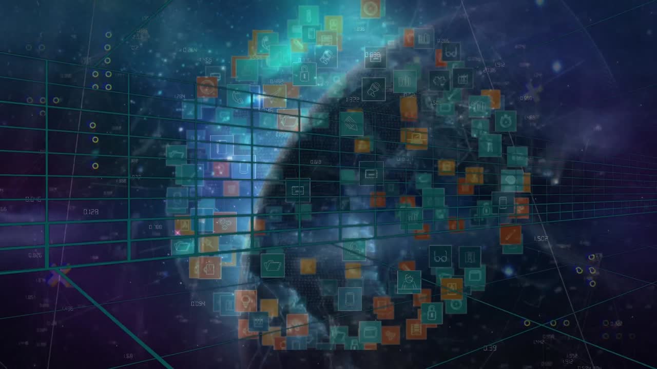 Animation of shapes over network of connections and globe
