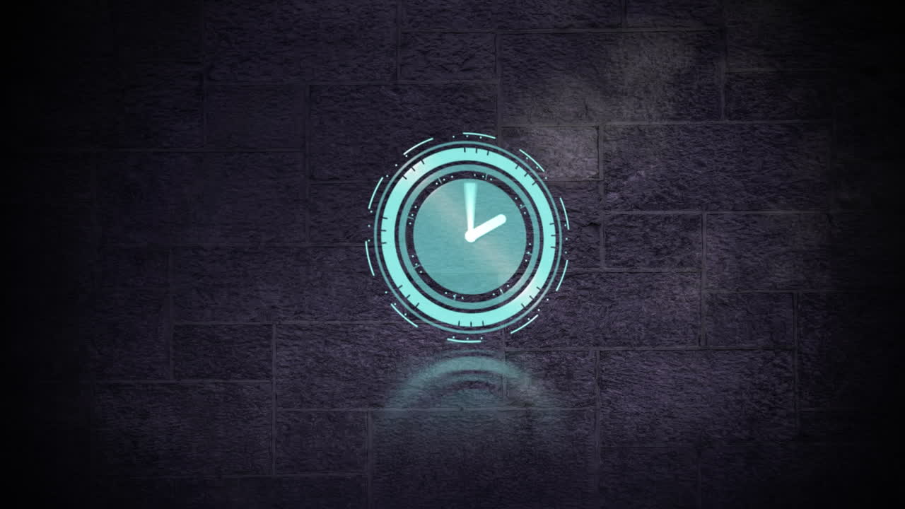 animación de un reloj con manecillas giratorias sobre un fondo de pared de piedra gris oscuro