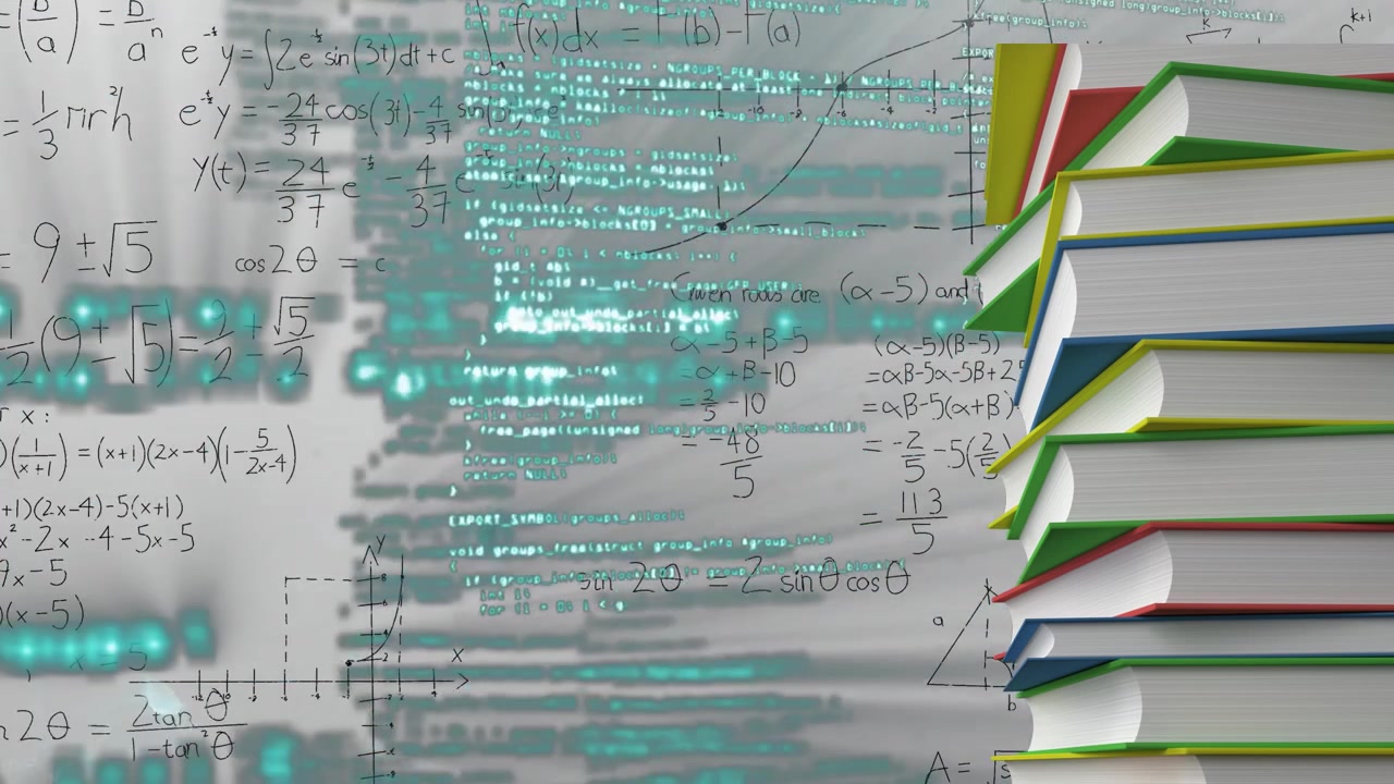 Blurry code drifting left, scrolling while formulas graph and Venn-diagram animating by book stack