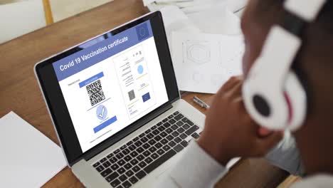 Woman-in-headphones-at-desk,-covid-vaccination-certificate-with-qr-code-and-eu-flag-on-laptop-screen