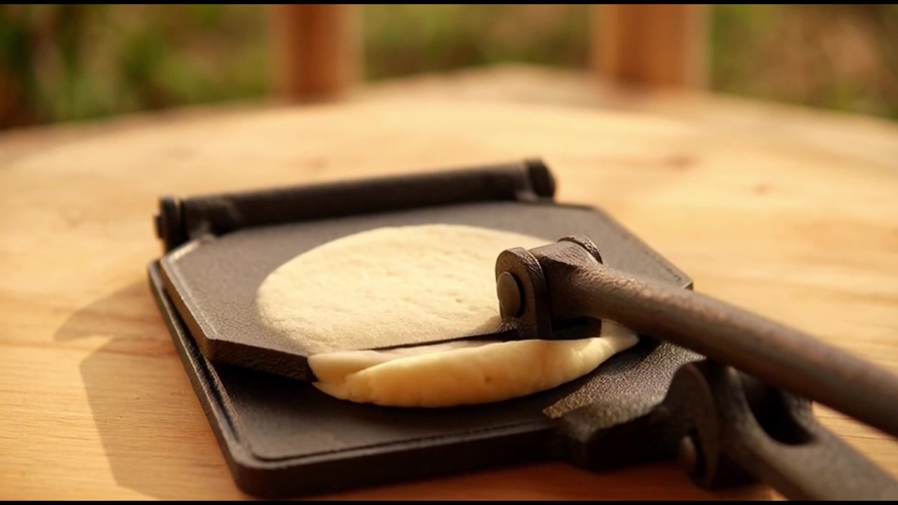 Pressing Fresh Dough into a Tortilla with a Cast Iron Press