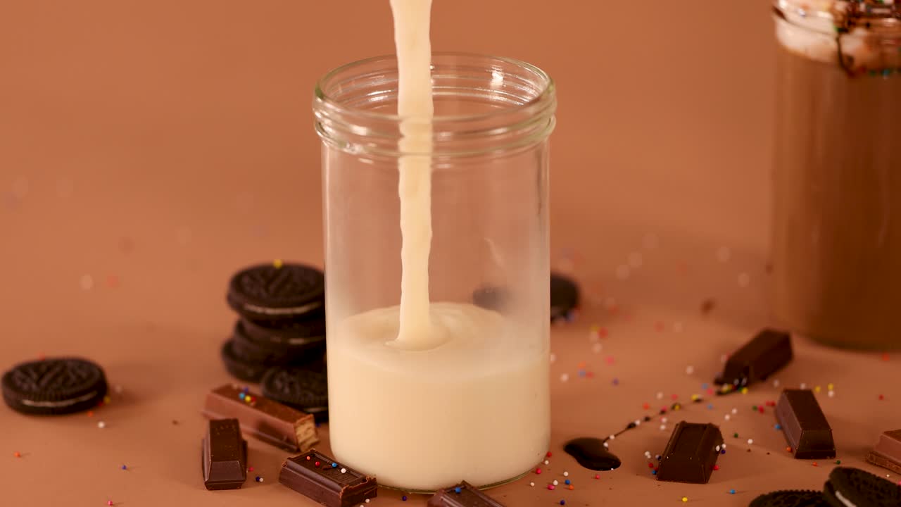 Vanilla milkshake pours into glass jar, surrounded by cookies, chocolate, soft lighting, static camera