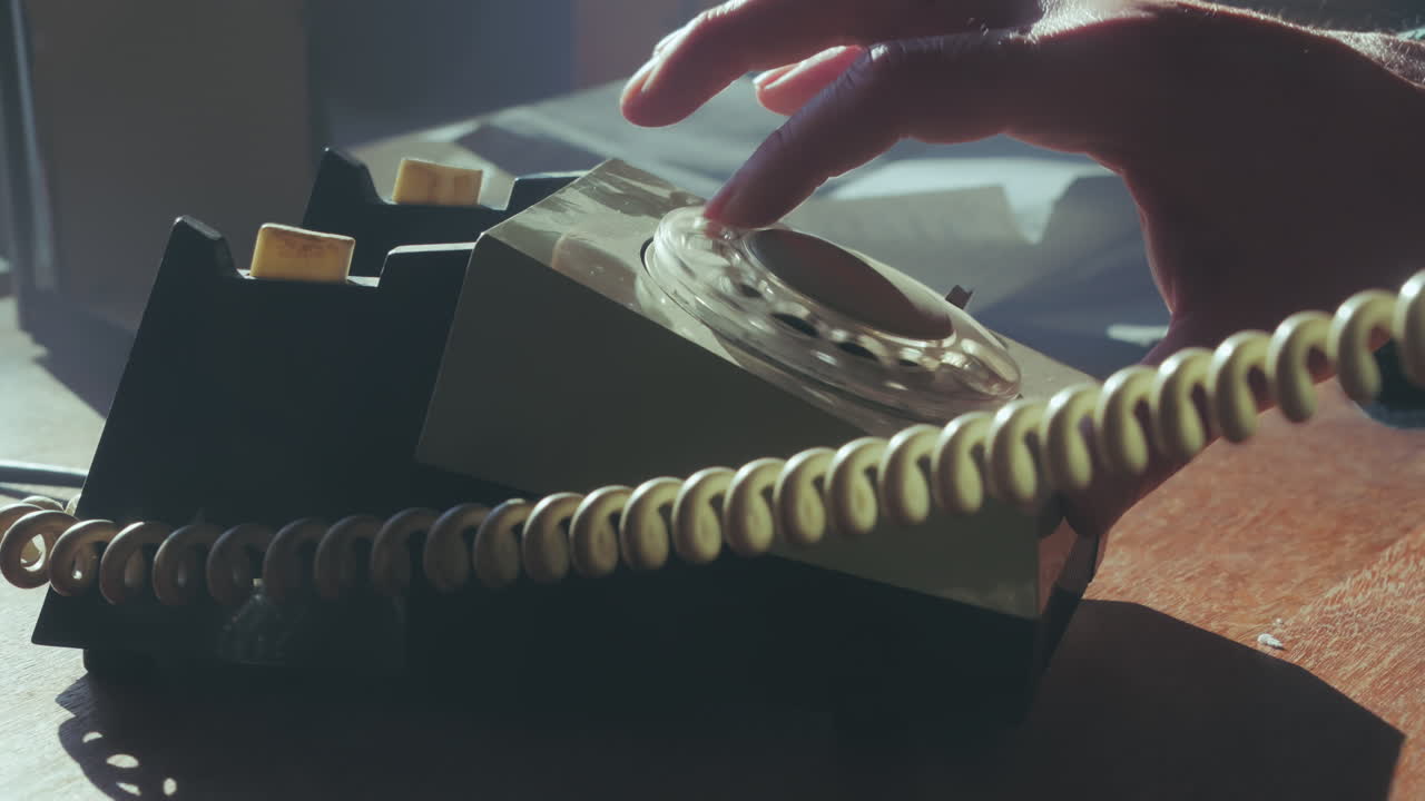 Tampilan dekat tangan memutar nomor telepon antik, lalu meletakkan gagang telepon setelah nada sibuk. Ideal untuk tema frustrasi atau kantor sibuk.