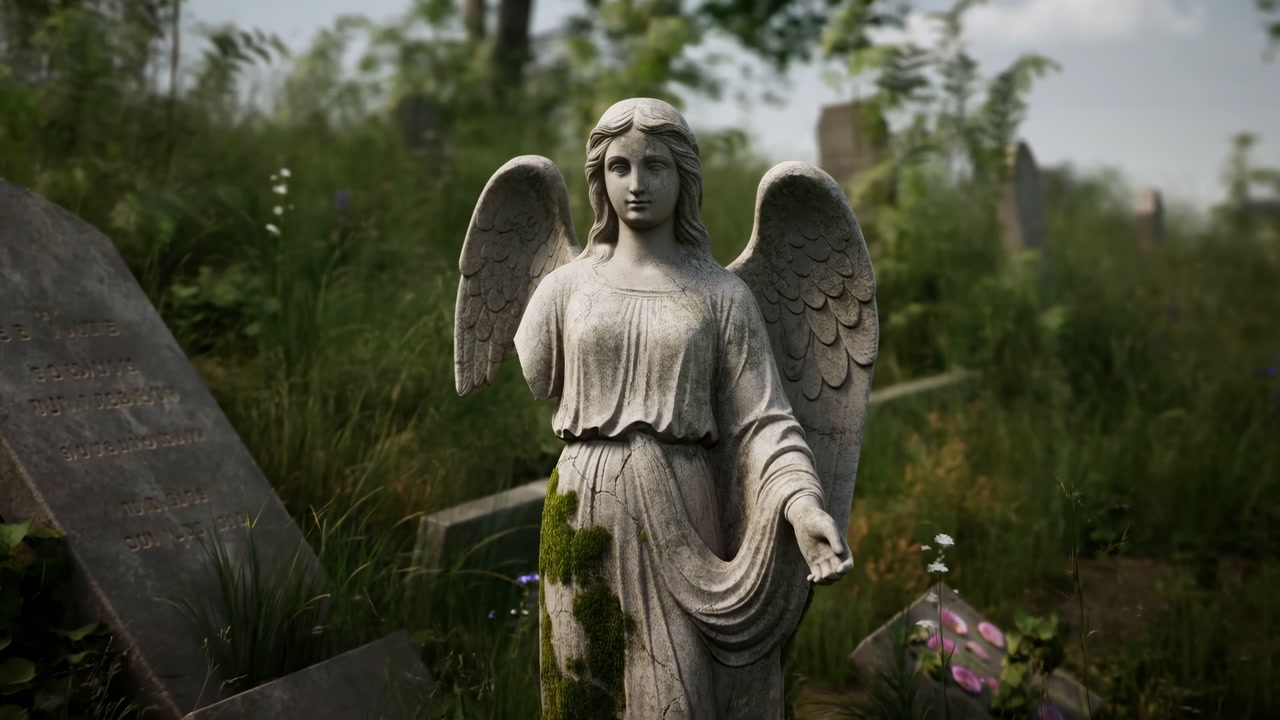 Weathered Angel Statue In Cemetery Overgrown With Moss And Wildflowers, Standing Beside Tilted Headstone