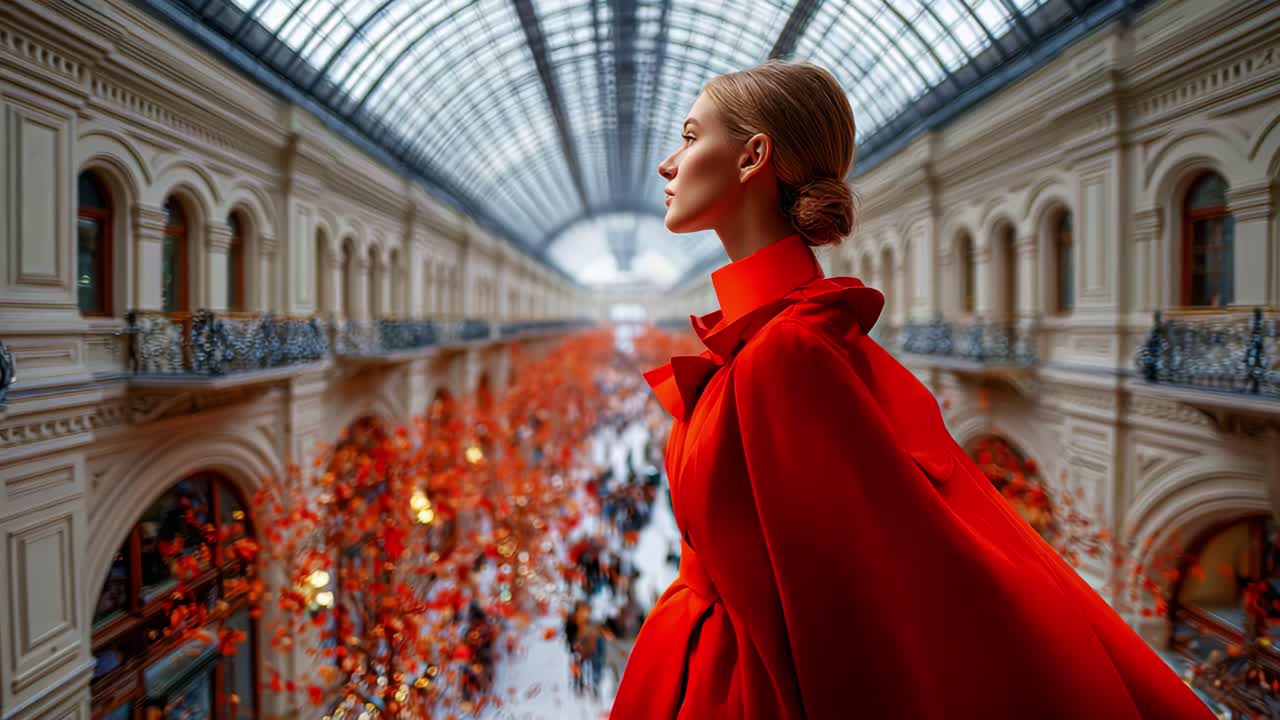 Un modello alla moda con un sorprendente mantello rosso osserva con eleganza un vivace mercato pieno di decorazioni colorate e acquirenti indaffarati in una galleria architettonicamente straordinaria