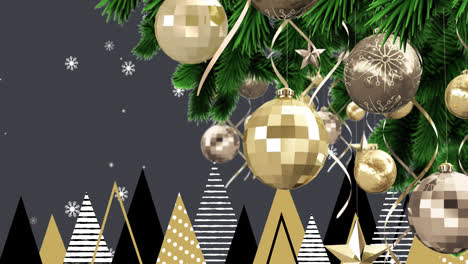 Bauble-decoration-hanging-on-christmas-tree-branch-against-christmas-tree-icons-on-grey-background