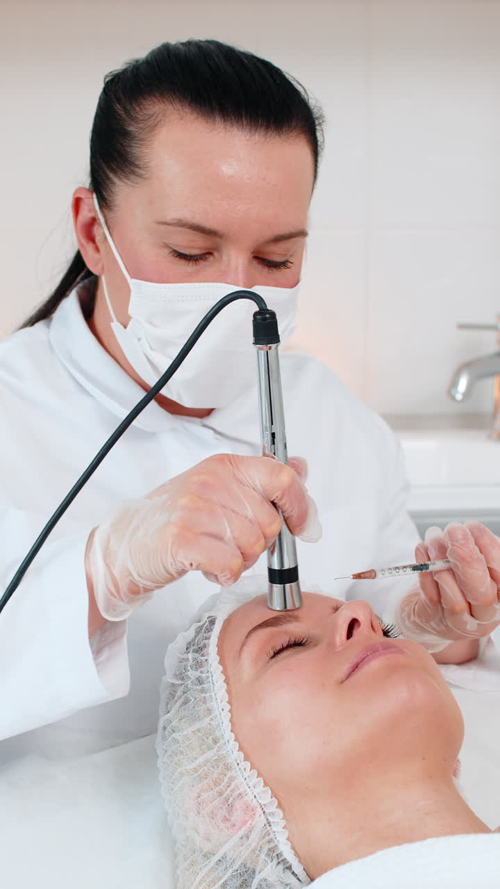 Mesoterapia senza iniezioni o elettroporazione estetista fa la terapia del viso della donna nel salone della clinica