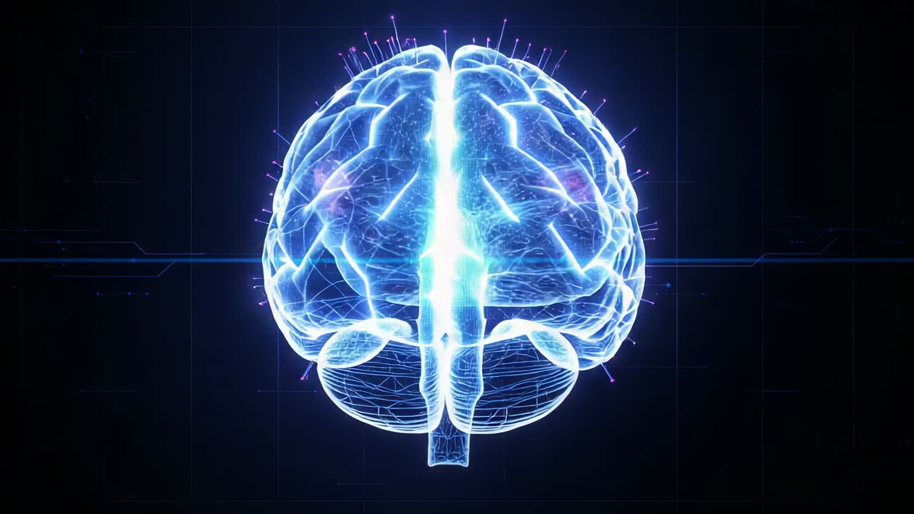 Upon activation brain hologram rotating on grid overlay, mapping connectivity via pulsing nodes