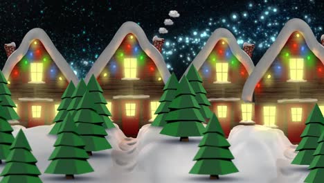 Animation-of-snow-falling-over-houses-with-fairy-lights