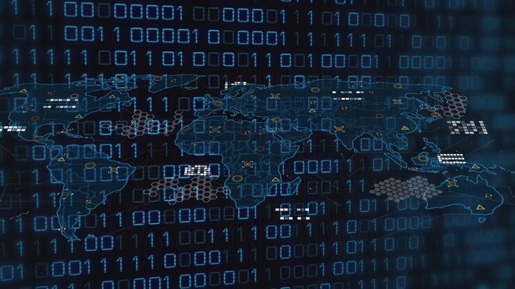 Animation of binary code over world map on black background