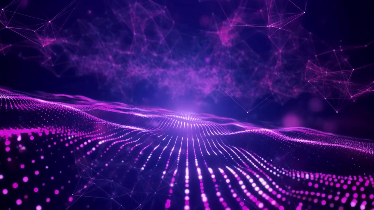 Abstract Digital Wave of Glowing Purple Particles and Network Connections