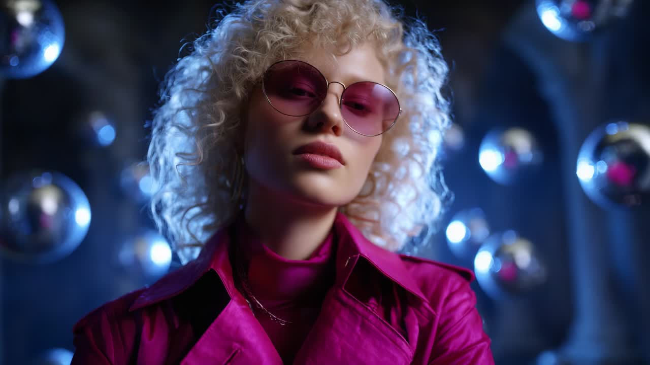 Woman with curly hair and pink sunglasses