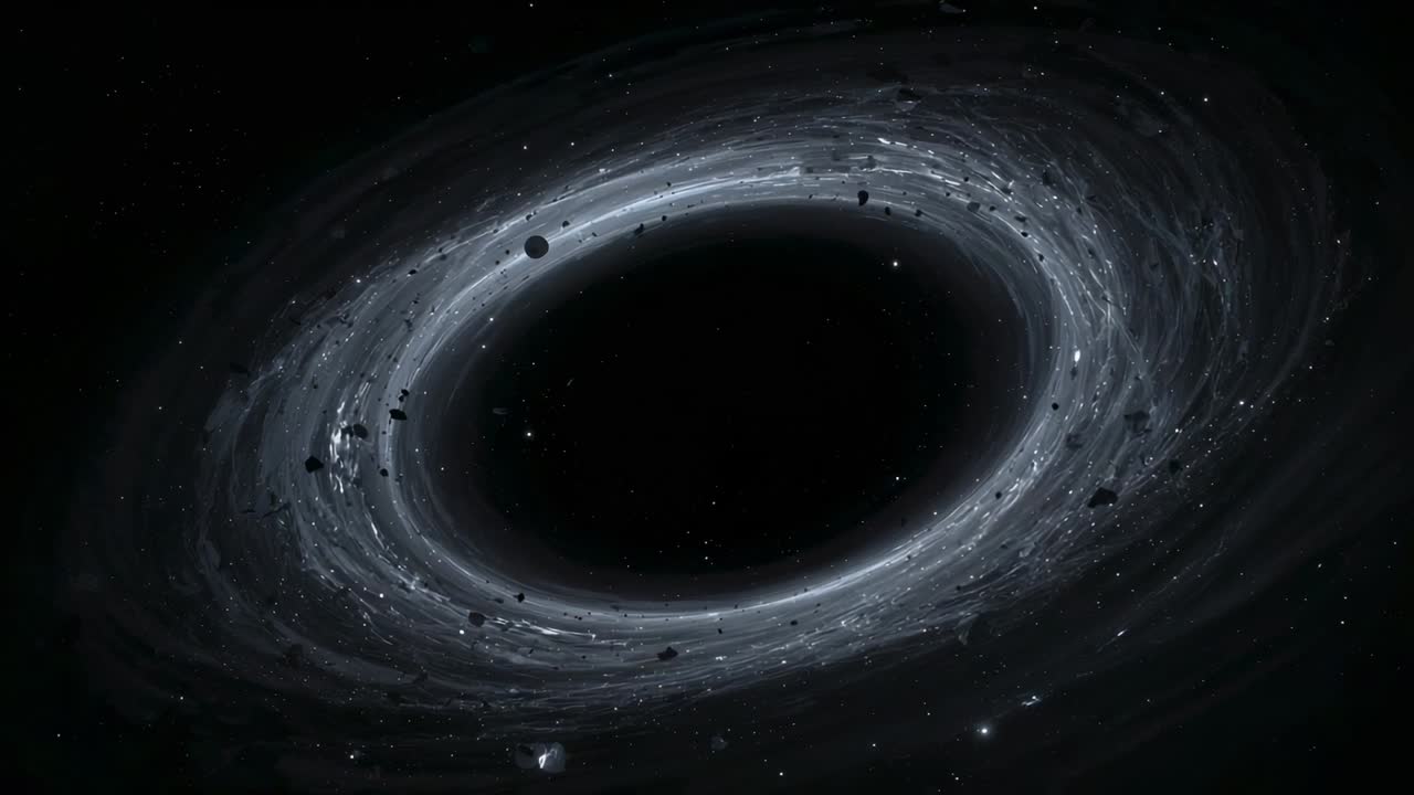Gravity pulling dust and rocks causing accretion disk spinning around central void in outer space