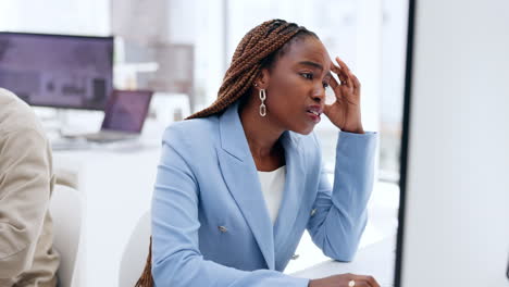 work, stress and black woman at computer confused