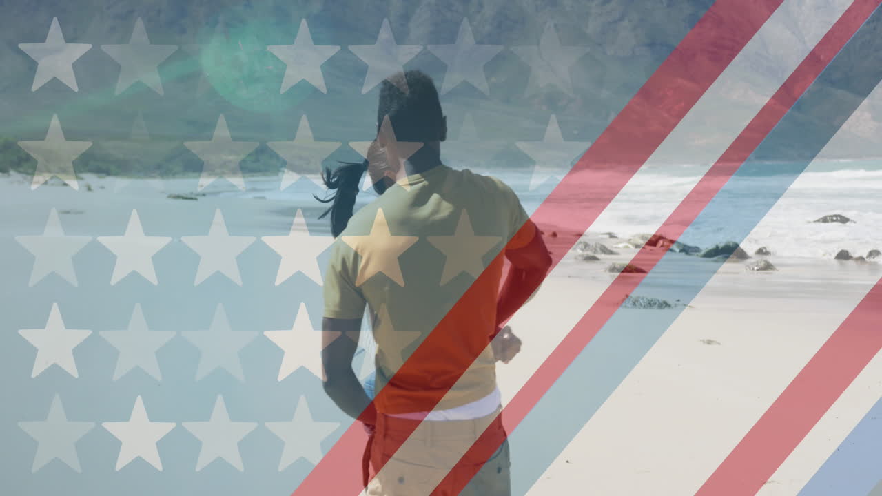 animación de la bandera estadounidense sobre una pareja afroamericana bailando en la playa