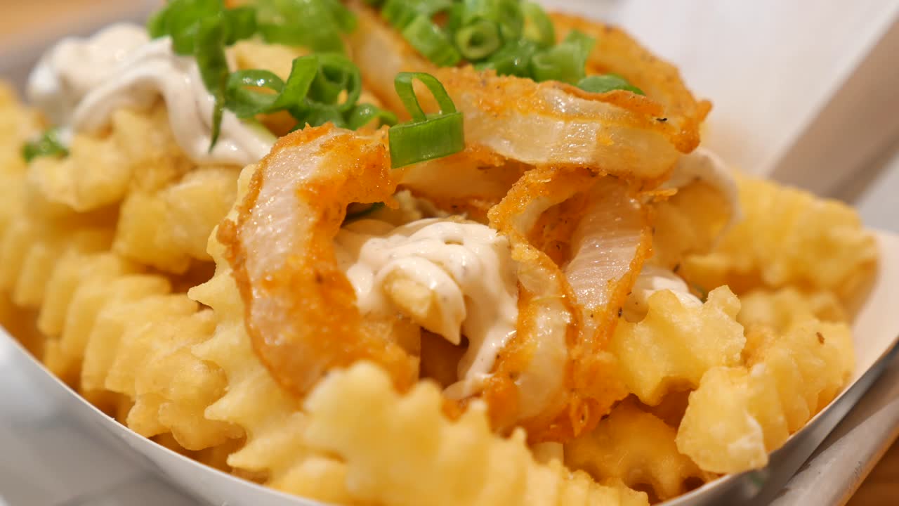 French fries with onion rings and green onions