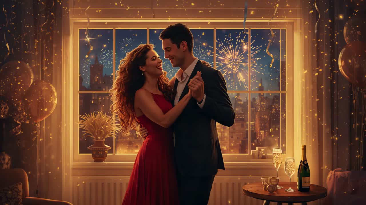 Casal dançando de vestido vermelho e terno, balançando e brincando em um apartamento noturno com fogos de artifício e champanhe