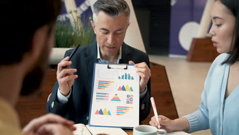 a work team discusses details of some data in a report in a coffee shop