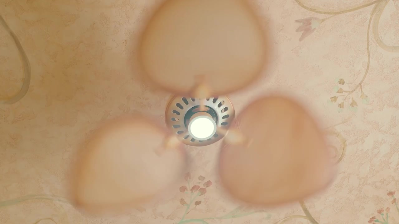 Vista dal basso di un ventilatore a soffitto in movimento con luce.