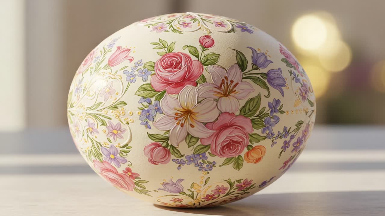 Uovo squisito con motivi floreali che raffigura rose e gigli vivaci su uno sfondo tenue, perfetto per celebrare la primavera e le tradizioni pasquali