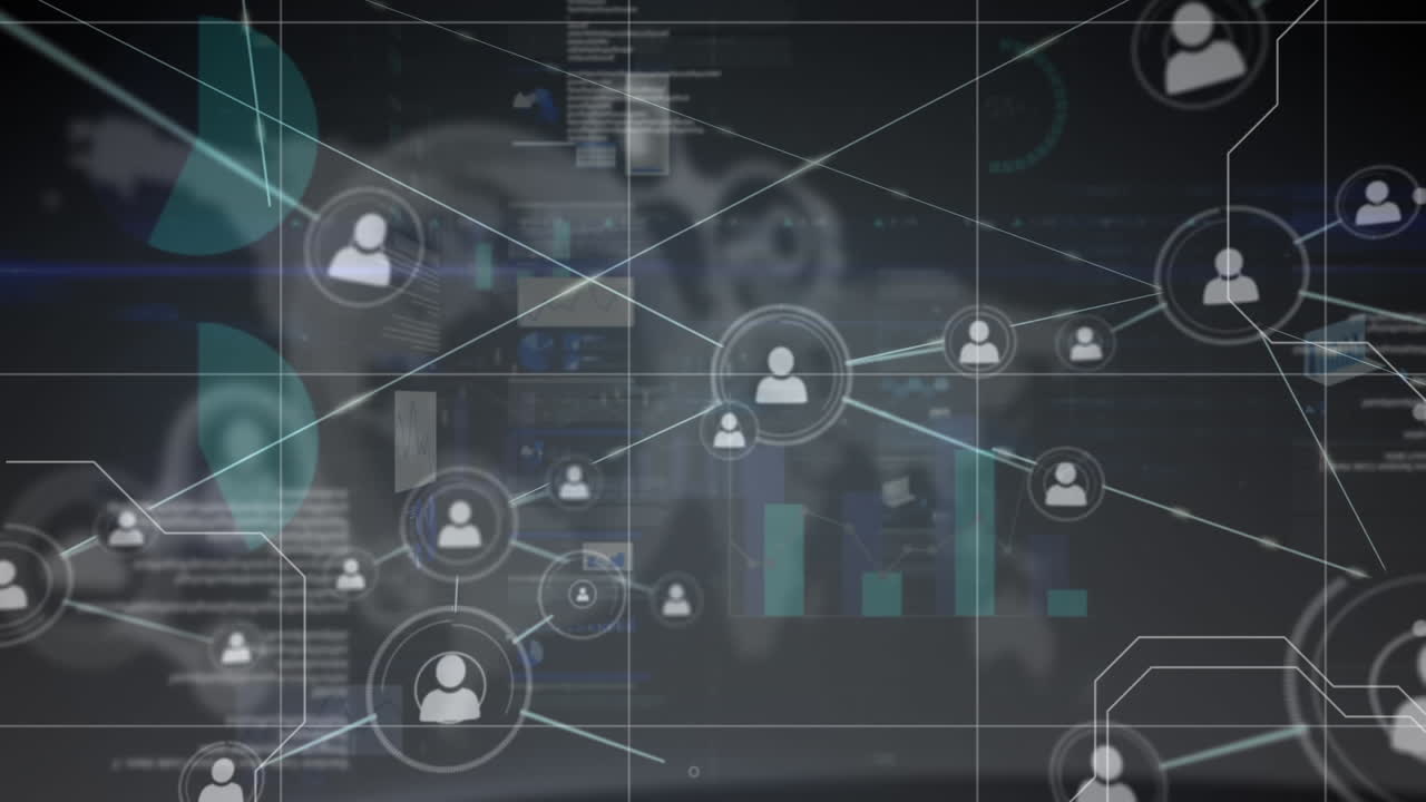 Animation of connected people icons with moving graphs data and information over a grid