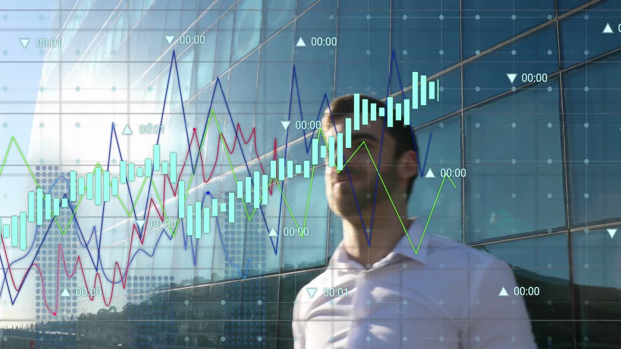 animación de procesamiento de datos estadísticos sobre un hombre caucásico feliz celebrando fuera de su oficina.
