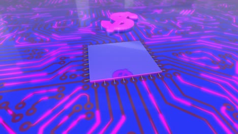 blue and pink rotating computer circuit board concept dollar loop 4k