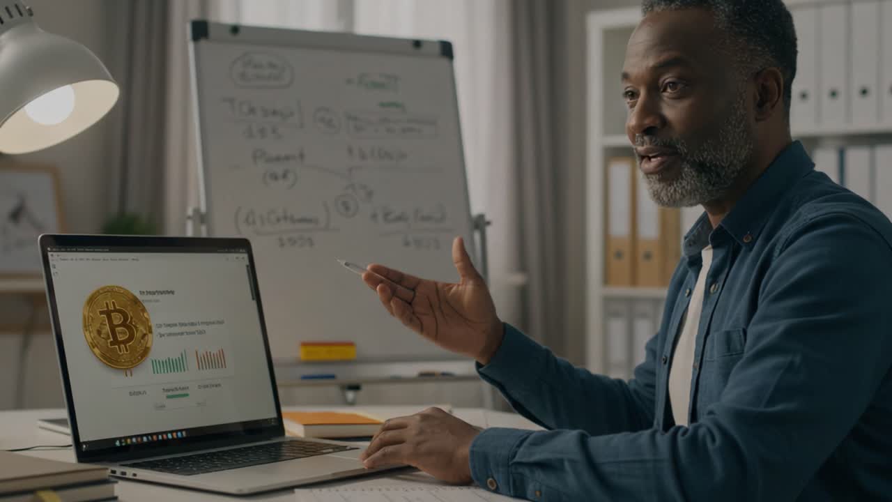 A Professional Discusses Bitcoin Analytics and Trends While Using a Laptop in a Bright Office Setting, Demonstrating Expertise in Digital Currency Statistics