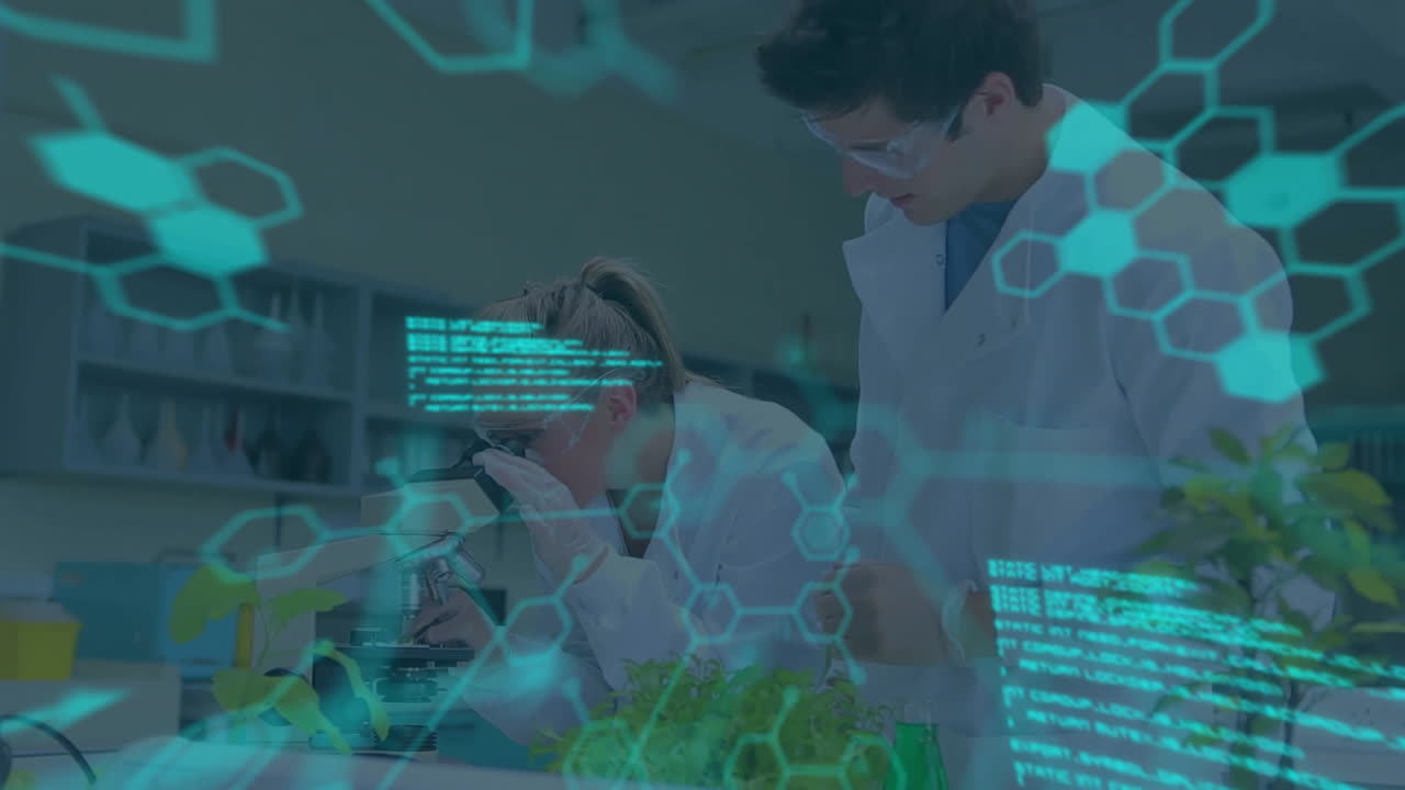 animación del procesamiento de datos científicos sobre diversos científicos en el laboratorio