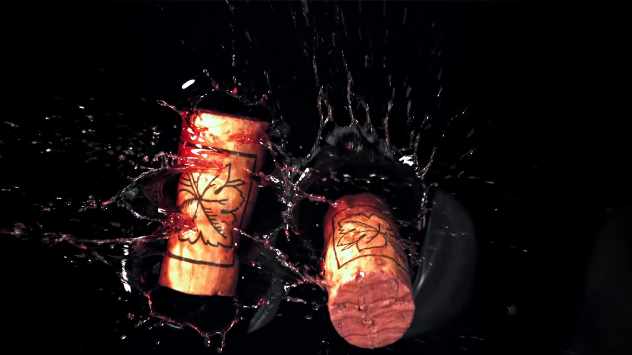 Movimento lento di tappi di sughero che schizzano nel vino rosso.