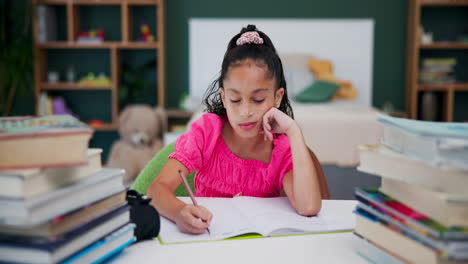 a girl is studying at a desk surrounded by books