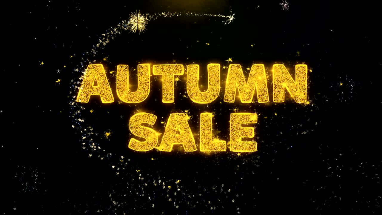 금 입자 불꽃놀이 디스플레이에 가을 판매 텍스트.