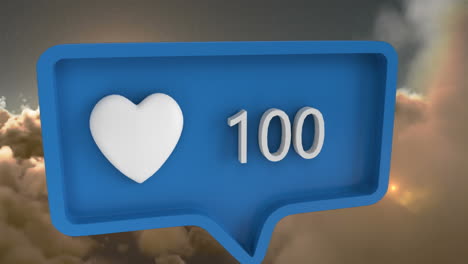 animación del icono del corazón con números en la burbuja del habla sobre el cielo y las nubes