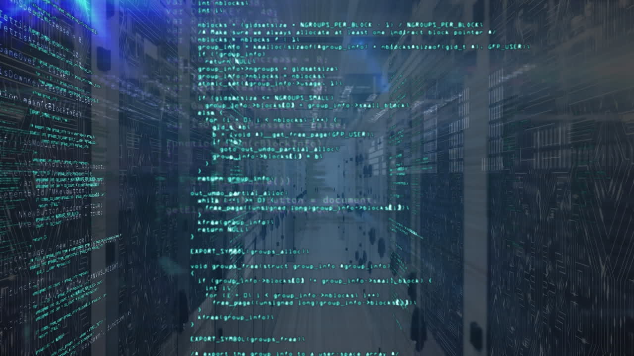 Animation of data processing, blue light spots and microprocessor connections against server room