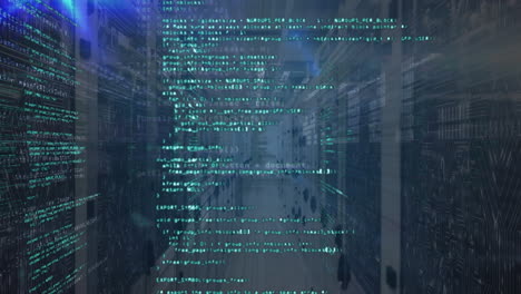 animación del procesamiento de datos, puntos de luz azul y conexiones de microprocesadores contra la sala de servidores