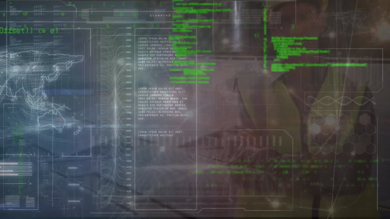 animación de procesamiento de datos sobre ingeniero caucásico trabajando en una central solar